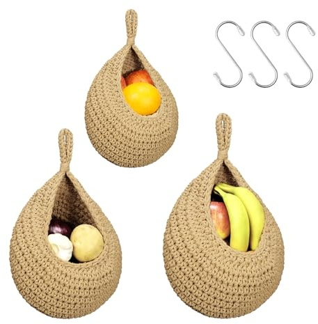 MDDK DY Obstkorb Hängend Wandkorb, Hängekorb 3 Stück mit 3 Haken | Hängekörbe, Aufbewahrungskörbe, Aufbewahrungskorb geflochten, Hängekorb Küche, Wohnzimmer,Bad, Jute Korb