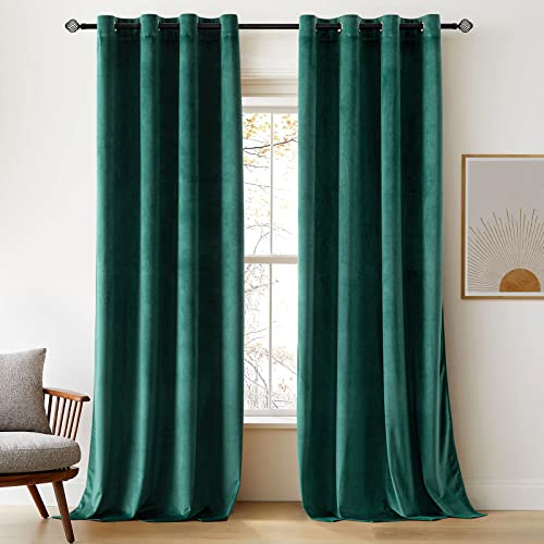 Woaboy Verdunkelungsvorhang Samt Gardinen mit Ösen 140x225 cm Dunkelgrün | Vorhänge Samtvorhänge Blickdicht für Wohnzimmer Blackout Curtains Thermovorhang Schalldämmend Schlafzimmer 2er Set