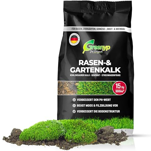 Greenyp Rasenkalk & Gartenkalk I 30kg / 600m² I fein gekörnter kohlensaurer Kalk gegen Moos und Pilze im Rasen I staubarm & ideal für den Streuwagen I verstärkt die Düngung I Rasendünger Frühjahr