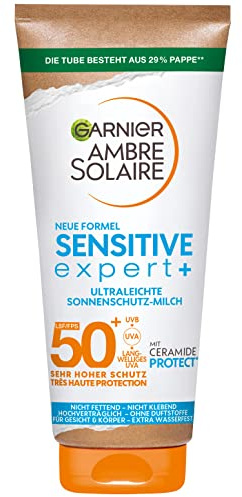 Garnier Sonnenschutzmilch mit LSF 50+, Sehr leichte und rückstandslose Sonnencreme für helle und empfindliche Haut, Ambre Solaire Sensitive expert+, 1 x 175 ml