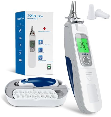 FORA IR20c Ohrthermometer Kinder Erwachsene, 1 Sekunde, 16 Schutzkappen | Digitales Infrarot-Fieberthermometer mit Aufbewahrungsstation, Auswurftaste, Farbanzeige und 10 Speicherwerten