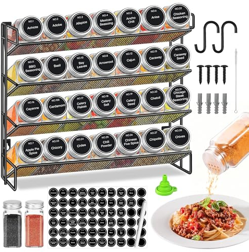 Aoriyar 4 Stöckiges Gewürzregal Stehend & Wand 28 Leere Gewürz Organizer mit Gestell und 432 Gewürzetiketten, Spice Rack Gewürzregal Ohne Bohren für Küchen, Schrank, Speisekammer