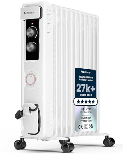 Pro Breeze 2500W Ölradiator mit 11 Heizrippen, Elektrischer Heizkörper, 24h Timer, Ölradiator energiesparend, 3 Heizstufen, Einstellbares Thermostat & Sicherheitsabschaltfunktion - weiß