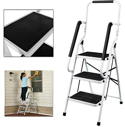 3 Stufen Klappleiter mit Handlauf Trittleiter Klappbar Tragbare kompakte Leiter Rutschfeste Matte Einfache Aufbewahrung Stehleiter für Home Kitchen Office DIY 150 kg max Belastung