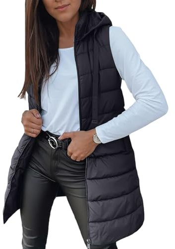 Damen Weste Lang mit Kapuze, Steppweste Winter Herbst Warme Steppmantel Daunenweste Lange Winterjacke Freizeit Ärmellos Weste Thermo Stehkragen Vest Kapuzenweste Reißverschlüsse Longweste mit Taschen