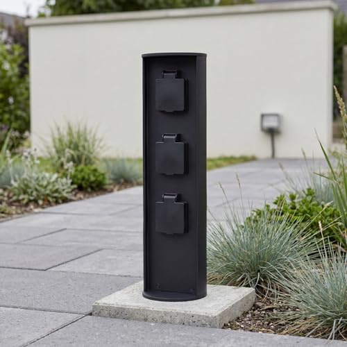 Steckdosensäule außen 3-fach, Energiesäule Garten, Aluminium Schwarz, IP44 | B 10 x T 10 x H 40 cm, 1 kg, Aluguss schwarz matt, 3 Steckdosen mit Klappdeckel, max. 3500 W, IP44, 230 V, Festanschluss