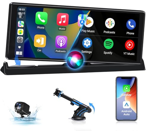 2026 Exklusivität Carplay Android Auto Display mit Stehende Halterung 10,26 Zoll Touchscreen Display Car Play Bildschirm mit Rückfahrkamera, Siri/GOO-gle GPS Navigation Superspiegel FM