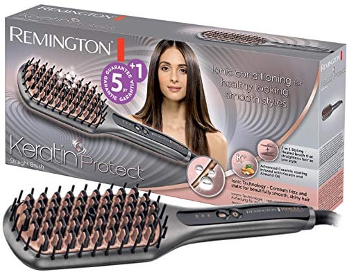 Remington Glätteisen & Haarbürste für eine reduzierte Stylingzeit (Keratin-Keramikbeschichtung mit Mandelöl angereichert, Digitales Display, 150-230°C) CB7480, Ionen-Technologie, Grau/Rose Gold