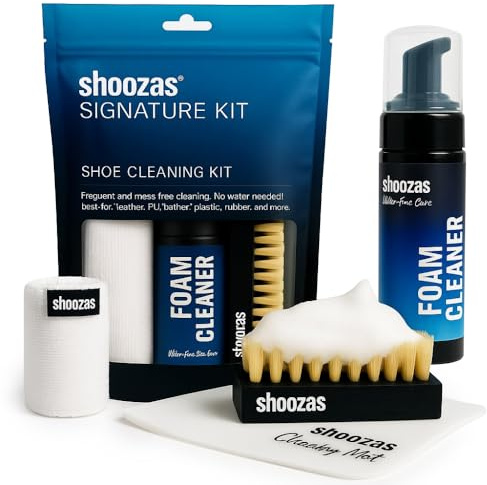 SHOOZAS - Kit zur Schuhreinigung - Schaumreiniger, Wasserdichte Matte, Bürste und Mikrofasertuch - Ideal für Leder, Gummi, Kunststoff und Sohlen - Ohne Wasser, Schnelltrocknend