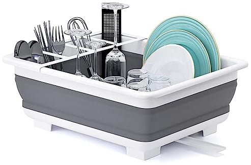 Zusammenklappbares Geschirr-Abtropfgestell & Aufbewahrungsorganizer - 2-in-1 platzsparendes Design für Küche, Wohnwagen, Camping | Klappbare Abtropfschale mit Besteckhalter | Spülmaschinenfest Grau