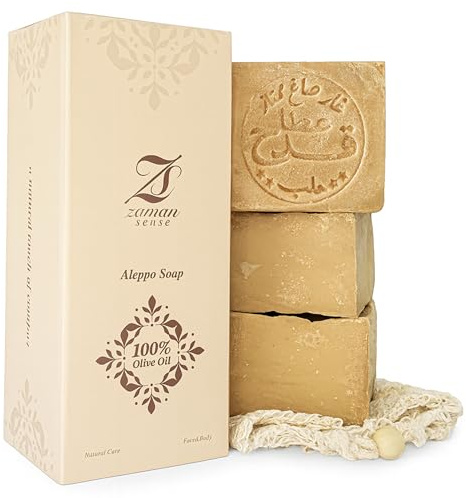 Zaman Sense Original Aleppo Seife 3er-Set – 100 % Olivenöl, je 200g + Seifensäckchen – Premium-Qualität, handgefertigt & vegan – basische Naturseife – für Gesicht, Körper & empfindliche Haut