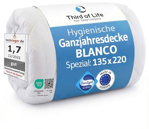 Bettdecke 135x220 BLANCO, Flauschige Ganzjahresdecke mit Feuchtigkeitsmanagement & hoher Atmungsaktivität, Optimale Hygiene für Allergiker, Große Schlafdecke, Nachhaltige Ganzjahresbettdecke