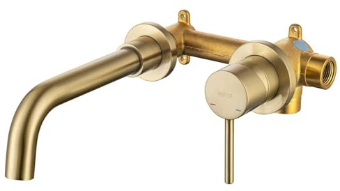 ONECE Unterputz Waschtischarmatur Wandmontage mit 360° Auslauf, Wasserhahn Bad Wandarmatur mit Auslauflänge 202 mm, Wand Waschbeckenarmatur, Gold