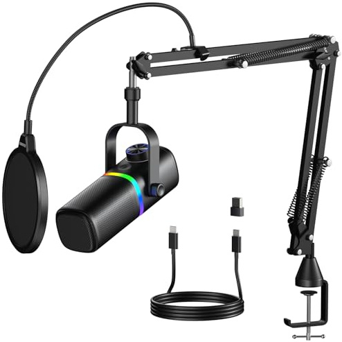 aokeo Mikrofon PC mit Mikrofonarm,AK-10 USB/XLR Dynamisches Gaming Mikrofon für Podcast,Streaming mit RGB-Beleuchtung,Lautstärkeregler,Stummschalttaste und Rauschunterdrückung