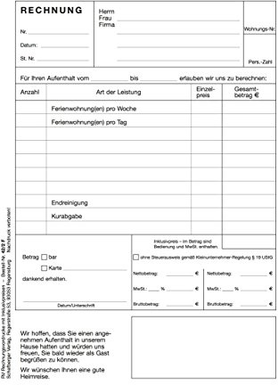 Rechnungsblock DIN A5 speziell für Ferienwohnungs-Vermietungen, Appartement-Vermietungen, usw.