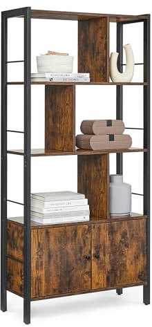 VASAGLE Bücherregal, Bücherschrank mit 4 offenen Regalebenen, Regal, Standregal, geräumiger Wohnzimmerschrank, Küche, Büro, Stahlgestell, Industrie-Design, vintagebraun-tintenschwarz LBC022B01