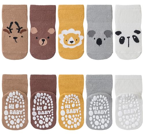 SockWaddles Stoppersocken Kinder Baby, 5 Paar ABS Atmungsaktiv Antirutschsocken Kinder, Krabbelsocken Baby Baumwolle, Jungen und Mädchen Crew Socken mit Tiere