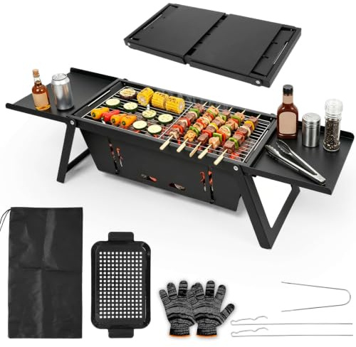 E EASTSTORM Camping Klappgrill Edelstahl Holzkohlegrill 54x21cm | Tragbarer Edelstahl-Tischgrill für 3-4 Personen. 3-stufige Hitze, kompakt faltbar und ideal für Camping, Garten und Reisen