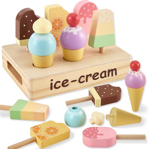 HERSITY Eiscreme Spielzeug Eisdiele Kinder Holz, EIS am Stiel Spielzeug Kaufladen Zubehör Spielküche Rollenspiele für Kind Mädchen Jungen 2 3 4 Jahren