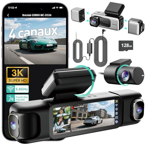 BOTSLAB Dashcam Auto 4 Kanal mit Parküberwachung, 360° Dashcam mit GPS, 5.8GHz WiFi,3.18 IPS-Bildschirm,Super Nachtsicht,WDR, G-Sensor,Loop-Aufnahme, inkl. 128GB SD-Karte