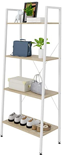 eSituro Bücherregal Leiterregal mit 4 Ablagen 60x35x148CM | Standregal Aufbewahrung Küchenregal Badregal Weiß+hell Eiche
