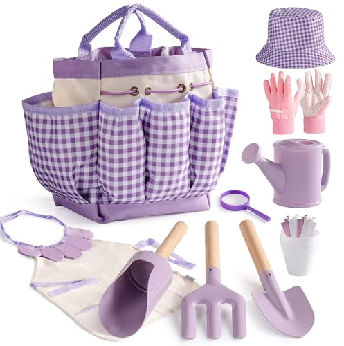 ROBOTIME Gartenset für Kinder, 17-teilig, mit Gießkanne, ab 3 Jahren | Violettes Gartenwerkzeug-Set mit Schürze, Hut, Handschuhen und Tasche, Geschenk für kleine Gärtner