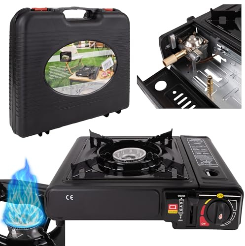 CampSup Campingkocher 2in1 Gas – Tragbarer Gaskocher mit Piezozündung, 2500 W Leistung, für Kartusche & Gasflasche, inkl. Tragekoffer & Windschutz – Outdoor, Camping, Angeln, Trekking