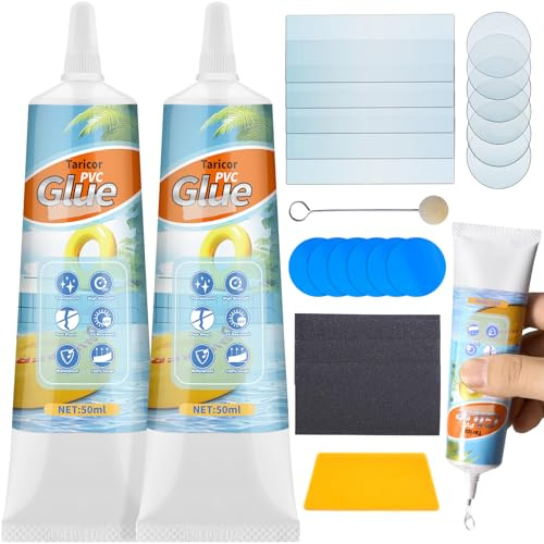 100ml (2x50ml) Wasserdichtes Pool Flickzeug, Taricor PVC Reparaturset Komplettset mit 17PVC-Patches (trans/blau) und Werkzeugset, Wasserbett Reparaturset für Boote, Schwimmbecken, Luftmatratzen, Zelte