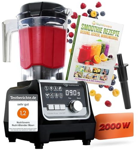 Nutrilovers Hochleistungsmixer NUTRI-BLENDER MAX+ Standmixer 2000W Hochleistung Smoothie-Maker Profi Mixer Blender - 2L Tritan, BPA-FREI, 9 Stufen, Digital-Timer Inkl. Smoothie Rezeptbuch
