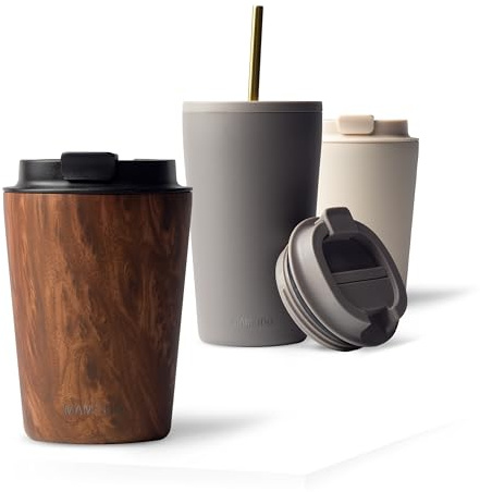 MAMEIDO Thermobecher 350 ml, dichter Kaffeebecher to go aus Edelstahl doppelwandig isoliert, auslaufsicher, Coffee to go Becher warmhaltend (Oak Wood)