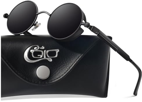 CGID Retro Sonnenbrille im Steampunk Stil, runder Metallrahmen, polarisiert, für Frauen und Männer, E72, A1 Schwarz Grau, Einheitsgröße