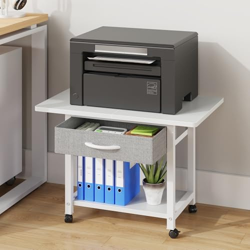 OYRREU Druckertisch mit Rollen, 56x38cm Mobiler Druckerständer Schreibtisch mit Stoffschublade, Home Office Druckerhalter Büro Druckerwagen Drucker Regal, Printer Stand, Weiß