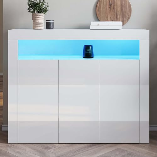 SONNI Kommode, Sideboard mit LED Beleuchtung, Weiß, Türen Hochglanz, Wohnzimmermöbel, Wohnzimmerschrank, Standschrank, B116xT35xH93cm.