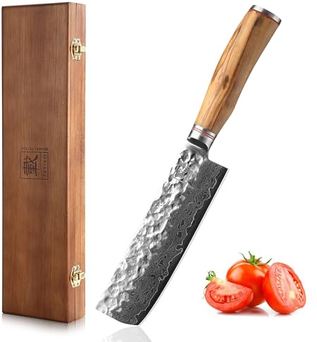 zayiko Minami Premium Nakirimesser mit 17 cm Klinge gefertigt aus 67 Lagen echtem Damaststahl mit Hammerschlag und Olivenholzgriff I Holzbox I Damastmesser Küchenmesser und Profi Kochmesser