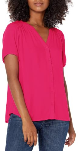 Amazon Essentials Damen Kurzärmlige Webbluse Mit Lockerer Passform, Intensive Rosa, XXL