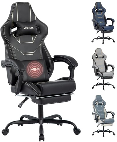 WOTSTA Gaming Stuhl Ergonomisch mit Fußstütze Racing Computerstuhl Höhenverstellbar Gepolstert Bürostuhl Lendenwirbelstütze Schwarz