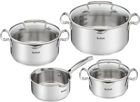 Tefal Duetto Plus 3-teiliges Kochtopf-Set 16/20/24 cm + Stielkasserolle 16 cm + 3 Deckel, induktionsgeeignet, Thermo-Fusion, Messmarken, spülmaschinenfest, backofenfest, Edelstahl