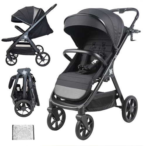 Twinly Spacely Buggy bis 25kg - Leichter Reisebuggy klein zusammenklappbar mit Liegefunktion | Kinderwagen All-Terrain, Große Räder, XXL Verdeck, Sportwagen inkl. Regenverdeck & Becherhalter (schwarz)