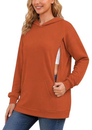 Ecavus Damen Umstands-Still-Sweatshirt mit verstecktem Reißverschluss, lange Ärmel, Übergröße, Stillpullover, Oberteil mit Taschen