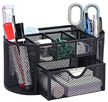 MumdoYAL Büroorganizer und -spender Schreibtisch Organizer, Mesh Metall Büro Organizer mit Schublade und Stifthalter für Stifte, Haftnotizen, Hefter, Ordnerklammern, Platzsparendes Desk Organizer