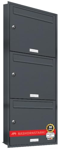 AL Briefkastensysteme, 3er Unterputzbriefkasten in Anthrazit Grau RAL 7016, Briefkastenanlage 3 Fach, Postkasten modern