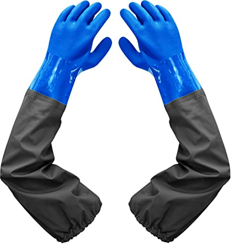 Haiou Teichhandschuhe Lang-Fischerhandschuhe-Teichpflege Handschuhe & Arbeitshandschuhe Wasserdicht, PU Handschuhe Sandstrahlen, Beständig Säuren und Laugen, 65cm (Blau)