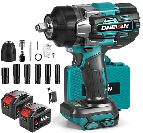 ONEVAN Akku Schlagschrauber 1700N.m, 1/2 Bürstenloser Akkuschlagschrauber Elektrisch mit 2x 4.5Ah Akkus und Schnellladegerät, Hohem Drehmoment Impact Wrench mit 6 Steckschlüssel für Schwere Projekte