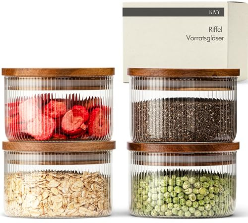 KIVY Riffel Vorratsgläser mit Deckel - 4 x 350ml - Kleine Vorratsdosen mit Akaziendeckel - Vorratsdosen Glas mit Deckel - Vorratsgläser Holzdeckel - Aufbewahrungsgläser mit Deckel