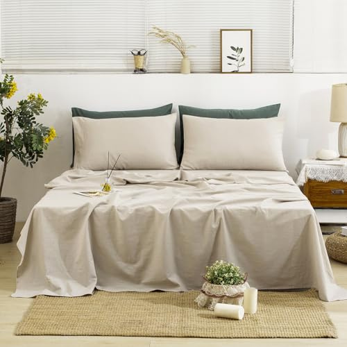 TUMEI Linen Sheets Queen Size, 100% gewaschenes französisches Leinen, 4-teiliges Queen-Bettwäsche-Set mit strapazierfähigem, tiefem Spannbetttuch, Bettlaken und 2 Kissenbezügen, natürliches Leinen,