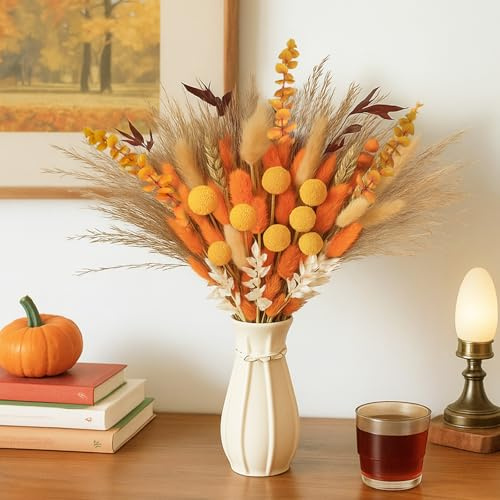 127 Stück Getrocknete Pampasgras Herbst, Herbstblumen Trockenblumen Deko, Natürliche Trockenblumenstrauß Herbststrauß, Deko Blumenstrauß für Herbst Hochzeitsdeko Boho-Blumen