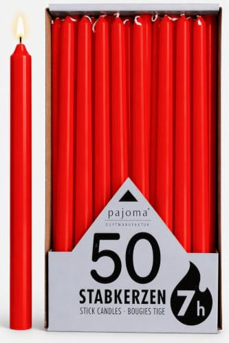 pajoma® Stabkerzen Rot - 50 Stück | Höhe 25 cm, Ø 2 cm | Brenndauer ca. 7 Std. | Vielseitig als Tisch-, Deko-, Weihnachtskerze & für Gastro-Events