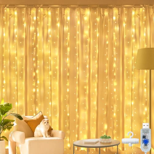Ollny LED Lichtervorhang 2x2m, 200 LEDs Lichtervorhang innen USB warmweiß, Lichterkette Vorhang fenster mit 10 Haken, für innen und außen Ramadan Deko Hochzeit Party Wand Balkon(kein Stecker)
