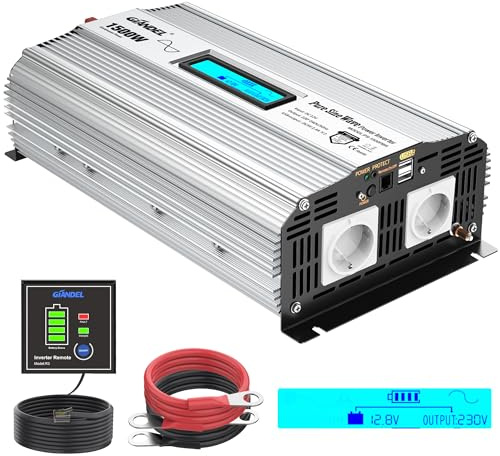 GIANDEL 1500W Reiner Sinus Wechselrichter DC 12V auf AC 230V Spannungswandler Power Inverter mit 2.4A Doppelte USB-Anschlüsse und Fernbedienung und LCD-Anzeige für Wohnmobil-LKW
