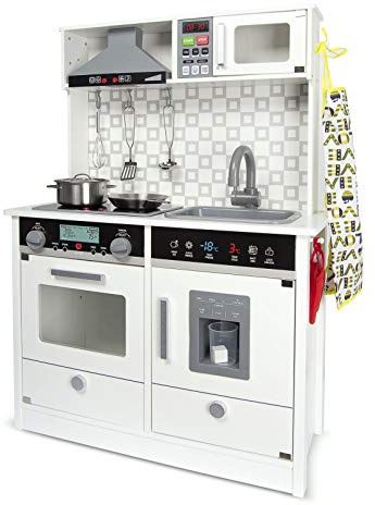 Leomark Weiße Kinderküche MODERN, Spielküche aus Holz mit Zubehör 94 cm | Maße 65x30x94 cm, 50 cm Arbeitshöhe, Induktionsfeld, Mikrowelle und Dunstabzug mit Licht und Sound, Eiswürfelspender
